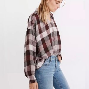 MADEWELL Highroad Popover Long Sleeve V-Neck  Shirt in Schorr Plaid NWT Sz M